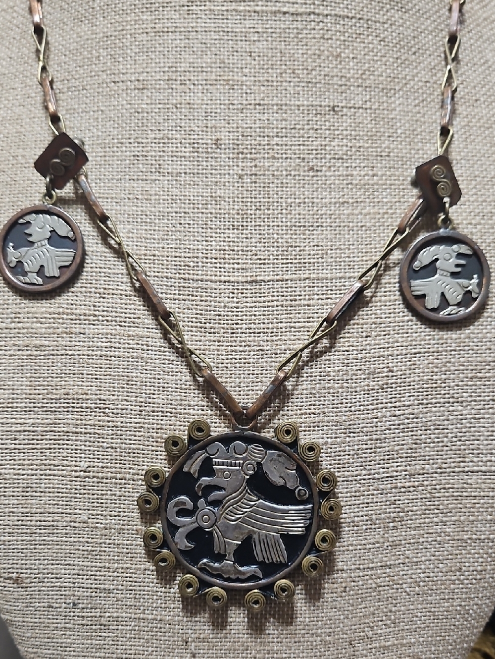 Vintage Black and Gold Bird Ethnic Medallion Necklace / Earrings
